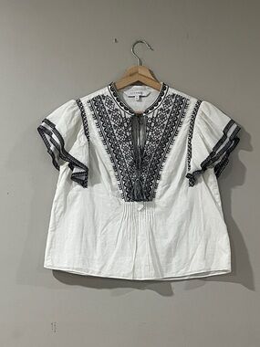 INTERMIX White Blouse with Black Embroidery and Tassel Tie